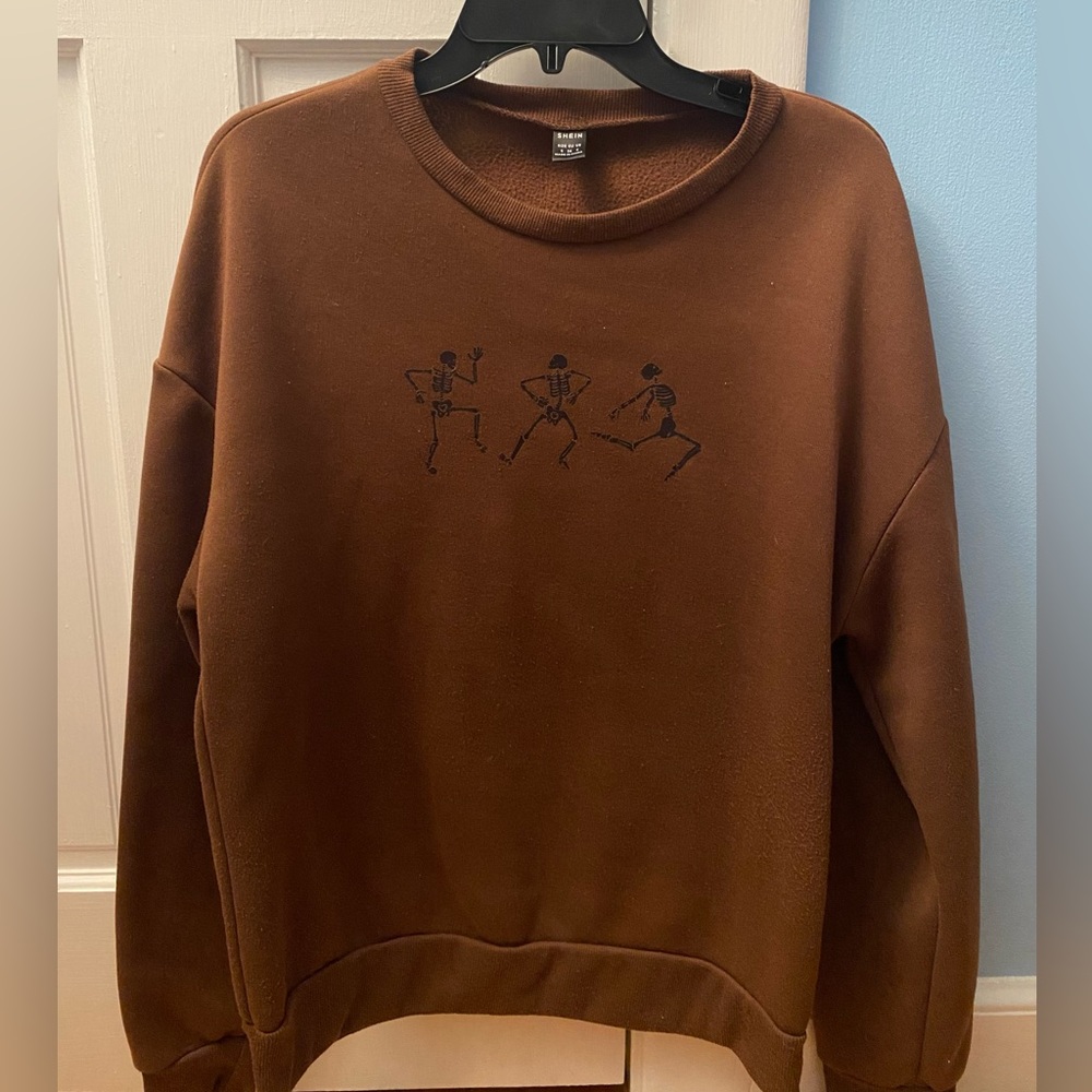SHEIN Brown Crewneck with Dancing Skeletons